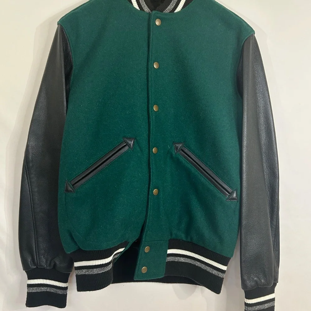 Roots Green Varsity‎ Jacket Sz S Wool Varsity Monogram Sleeve Logo Jacket